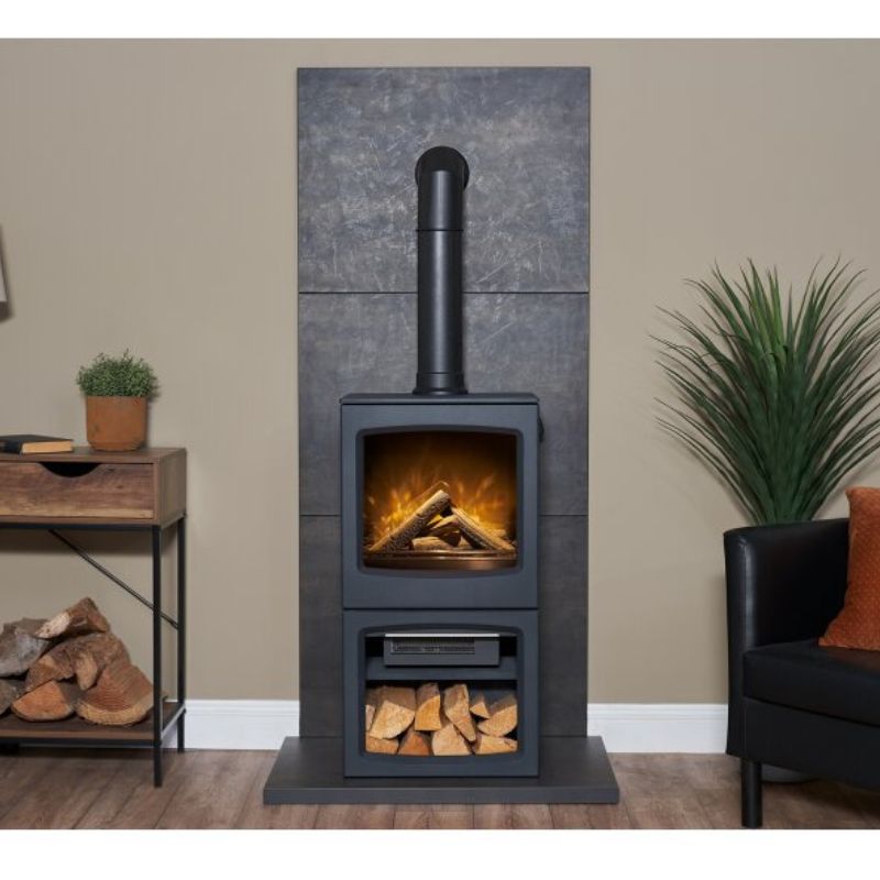 Acantha Lunar XL Electric Stove in Charcoal Grey with Tall Angled Pipe in Black