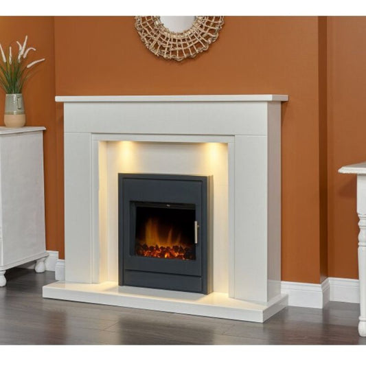 Acantha Maine White Marble Fireplace with Downlights & Alta Electric Inset Stove in Black, 48 Inch