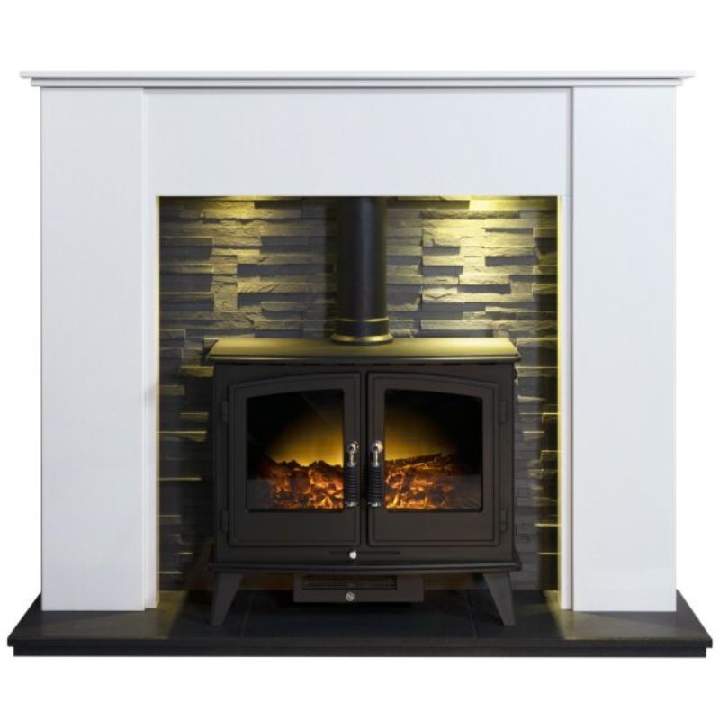 Acantha Montara White Marble Fireplace with Downlights & Woodhouse Electric Stove in Black, 54 Inch