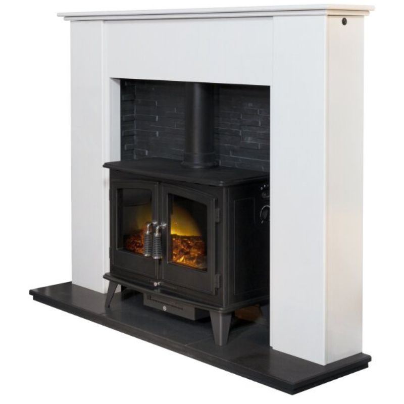 Acantha Montara White Marble Fireplace with Downlights & Woodhouse Electric Stove in Black, 54 Inch