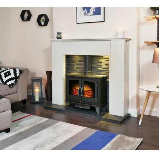 Acantha Montara White Marble Fireplace with Downlights & Woodhouse Electric Stove in Black, 54 Inch