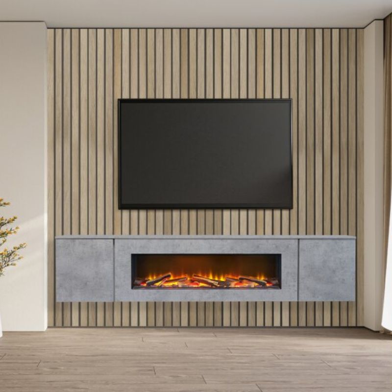 Acantha Orion Electric Floating Media Wall Suite in Concrete Effect, 100 Inch