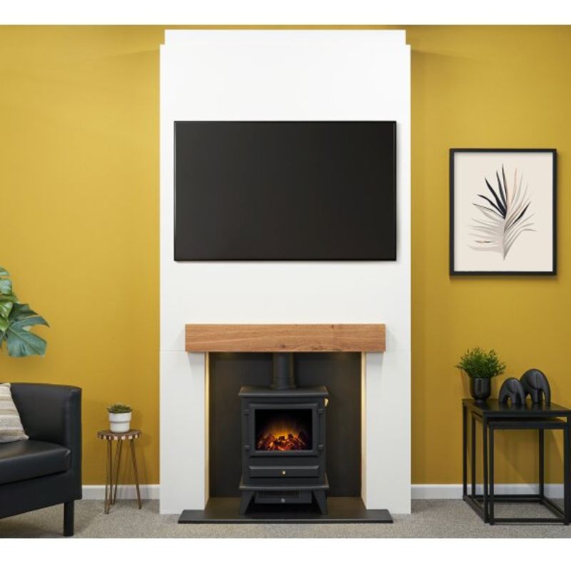 Acantha Pre-Built Stove Media Wall 1 with Hudson Electric Stove in Black