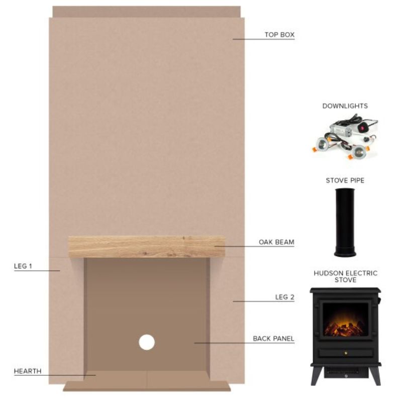 Acantha Pre-Built Stove Media Wall 1 with Hudson Electric Stove in Black