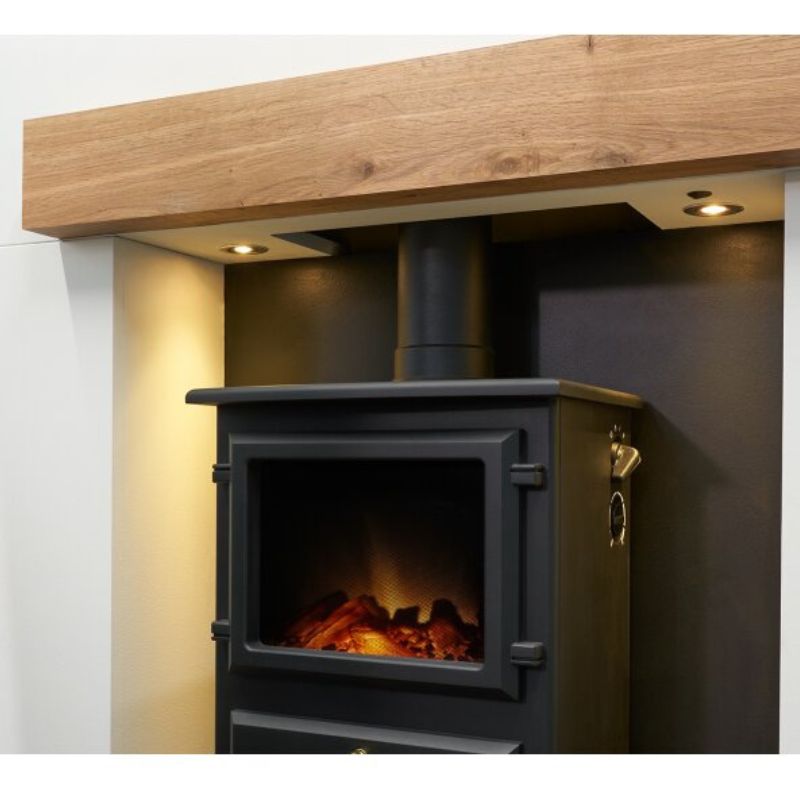 Acantha Pre-Built Stove Media Wall 1 with Hudson Electric Stove in Black