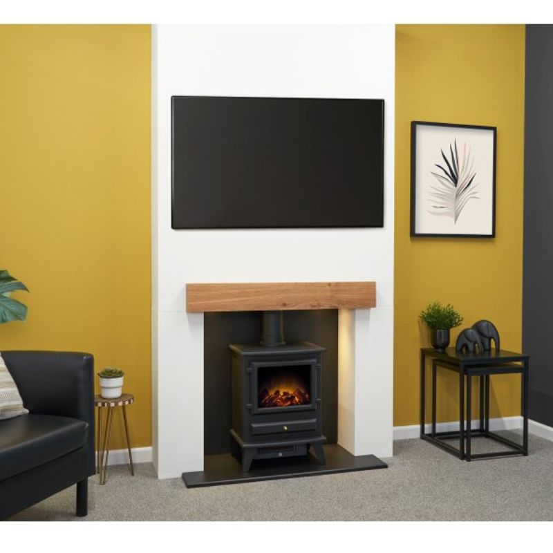 Acantha Pre-Built Stove Media Wall 1 with Hudson Electric Stove in Black