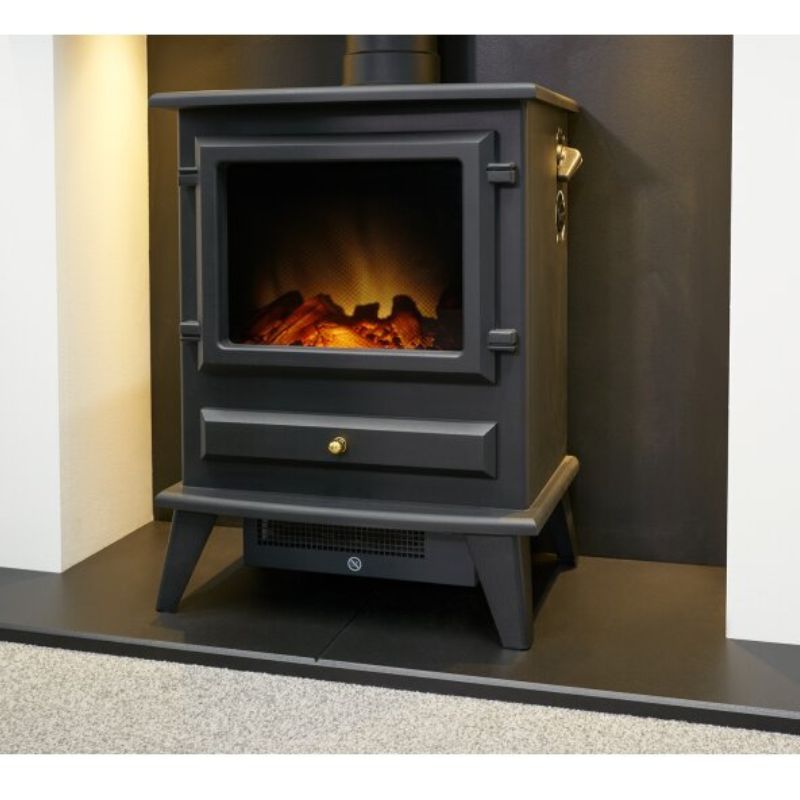 Acantha Pre-Built Stove Media Wall 1 with Hudson Electric Stove in Black