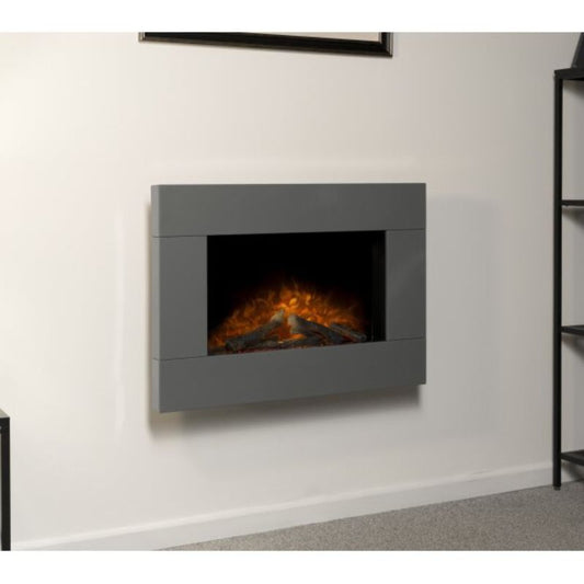 Adam Carina Electric Wall Mounted Fire with Logs & Remote Control in Satin Grey, 32 Inch