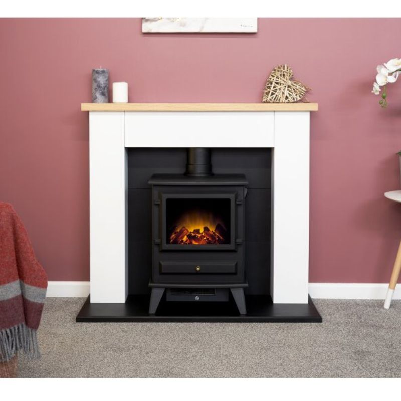 Adam Chester Fireplace in Pure White with Hudson Electric Stove in Black, 39 Inch