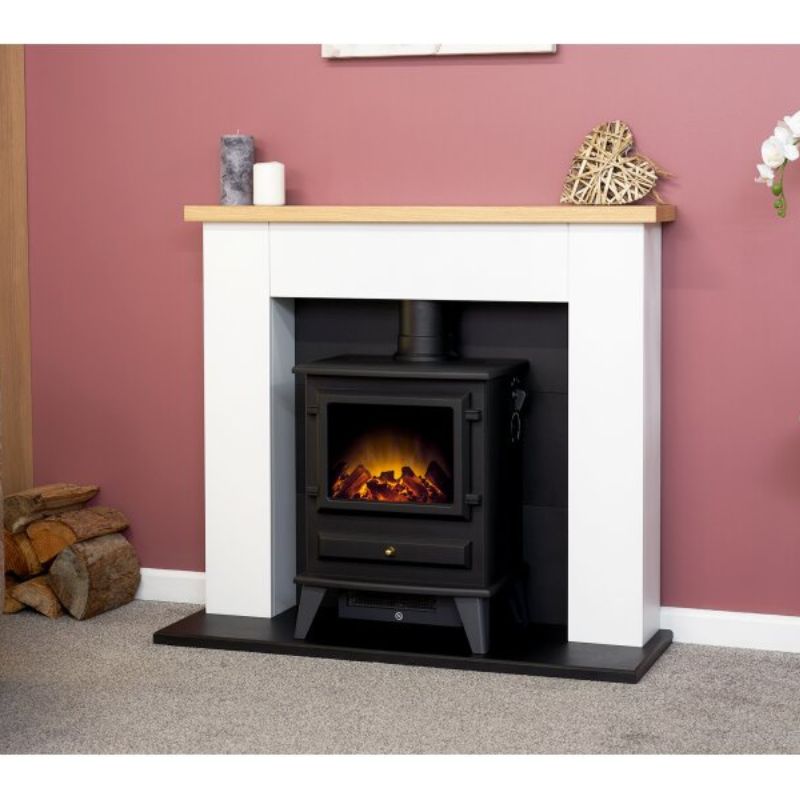 Adam Chester Fireplace in Pure White with Hudson Electric Stove in Black, 39 Inch