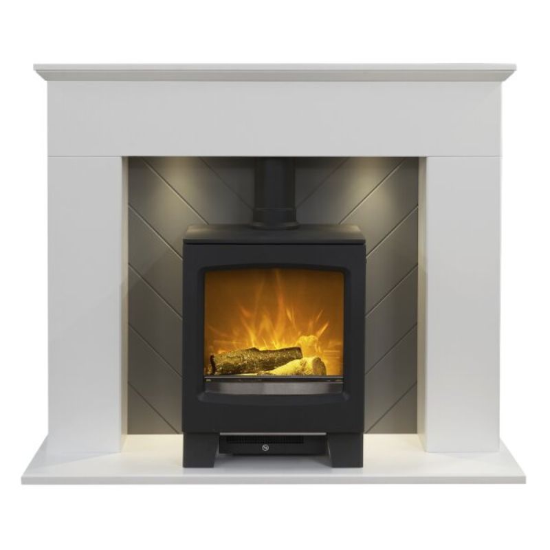 Adam Corinth Stove Fireplace in Pure White & Grey with Downlights & Lunar Electric Stove in Charcoal Grey, 48 Inch