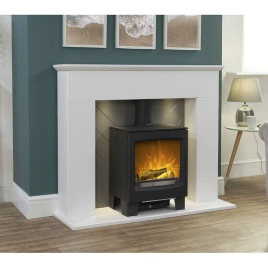 Adam Corinth Stove Fireplace in Pure White & Grey with Downlights & Lunar Electric Stove in Charcoal Grey, 48 Inch