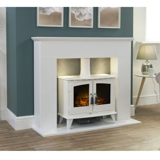 Adam Corinth Stove Fireplace in Pure White & Grey with Downlights & Woodhouse Electric Stove in Pure White, 48 Inch