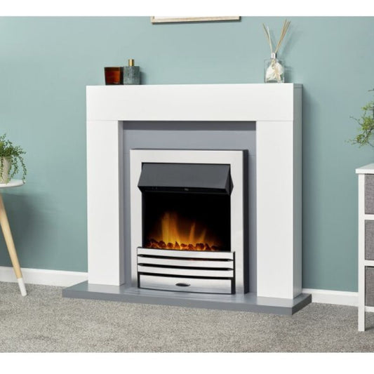 Adam Dakota Fireplace in Pure White & Grey with Eclipse Electric Fire in Chrome, 39 Inch