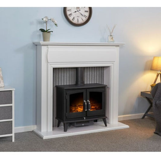 Adam Florence Stove Fireplace in Pure White with Woodhouse Electric Stove in Black, 48 Inch