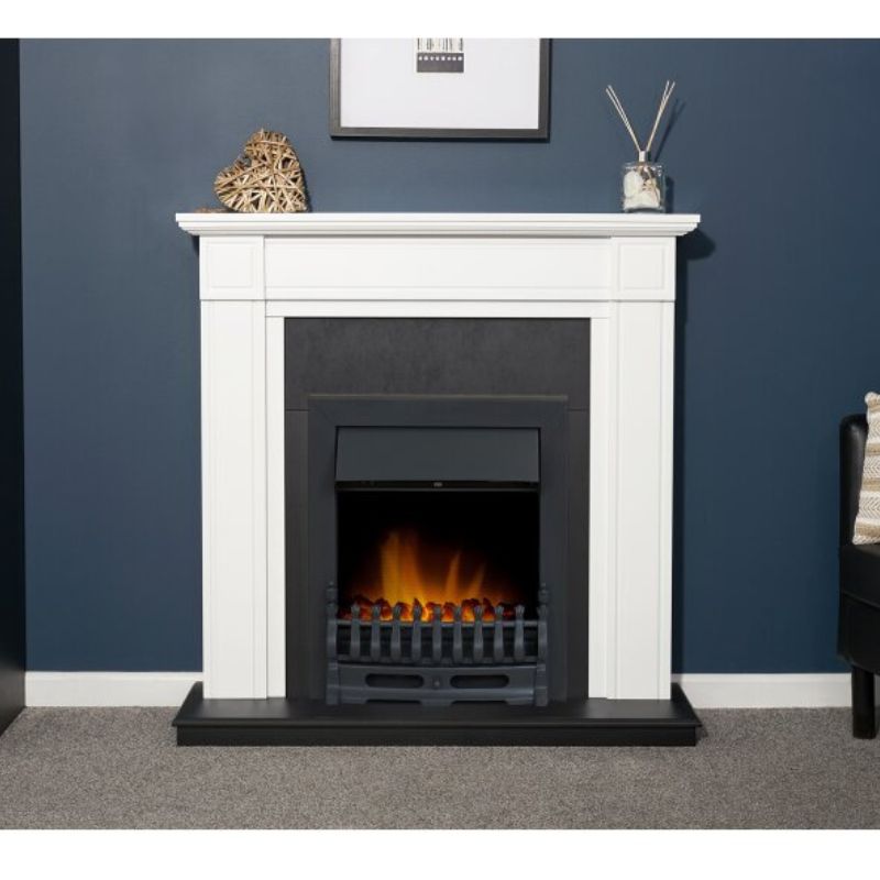 Adam Georgian Fireplace in Pure White & Black with Blenheim Electric Fire in Black, 39 Inch