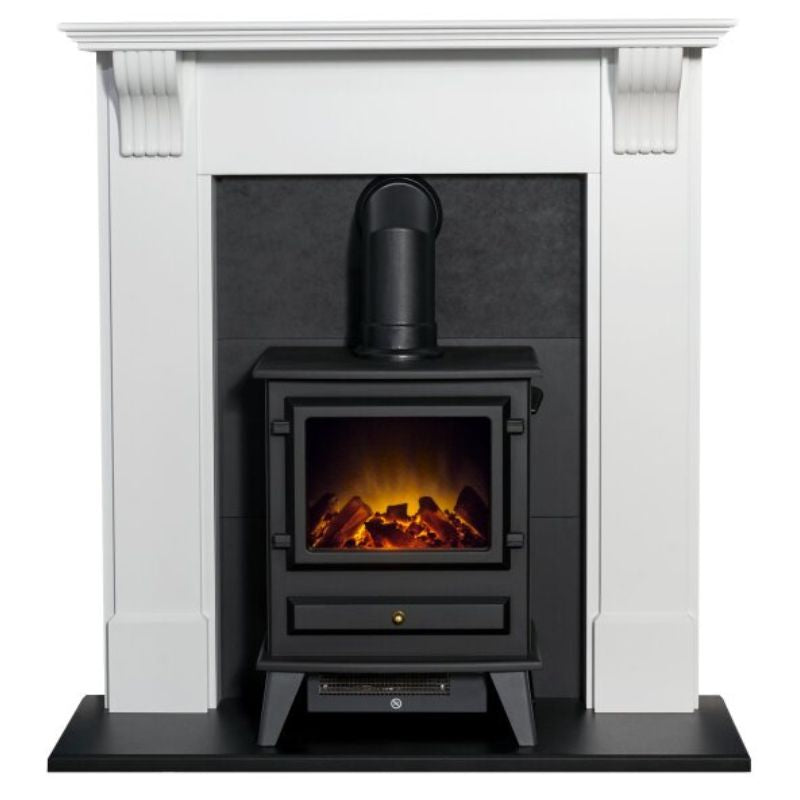 Adam Harrogate Stove Fireplace in Pure White & Black with Hudson Electric Stove in Black, 39 Inch