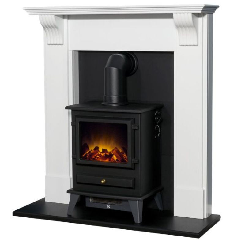 Adam Harrogate Stove Fireplace in Pure White & Black with Hudson Electric Stove in Black, 39 Inch