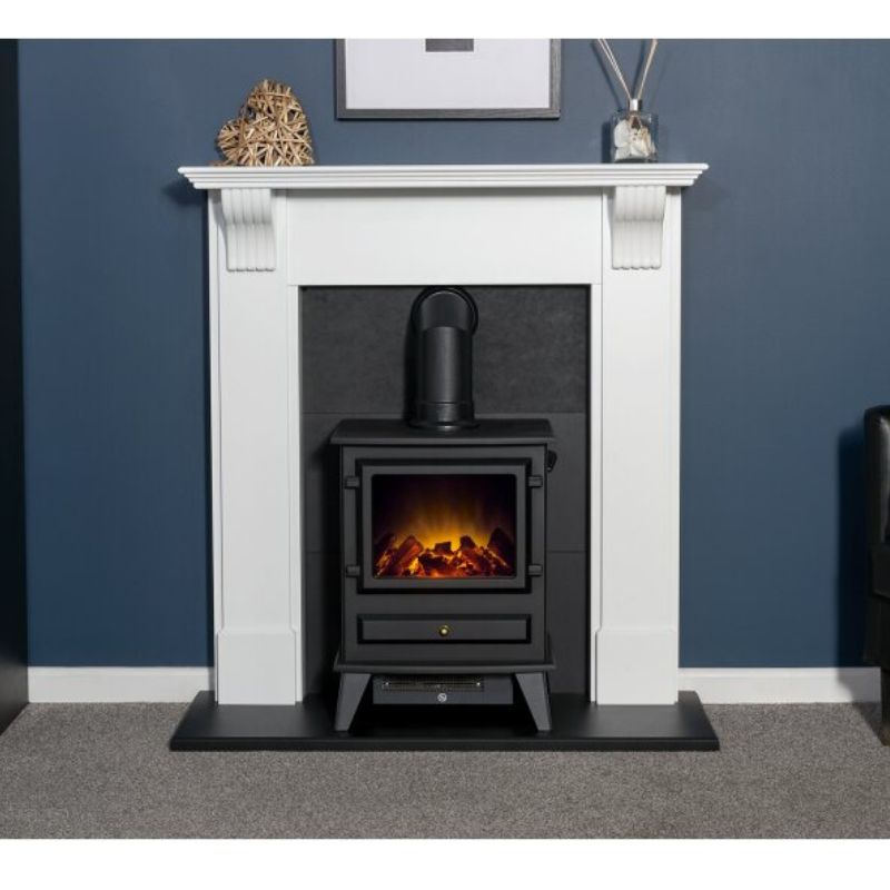 Adam Harrogate Stove Fireplace in Pure White & Black with Hudson Electric Stove in Black, 39 Inch