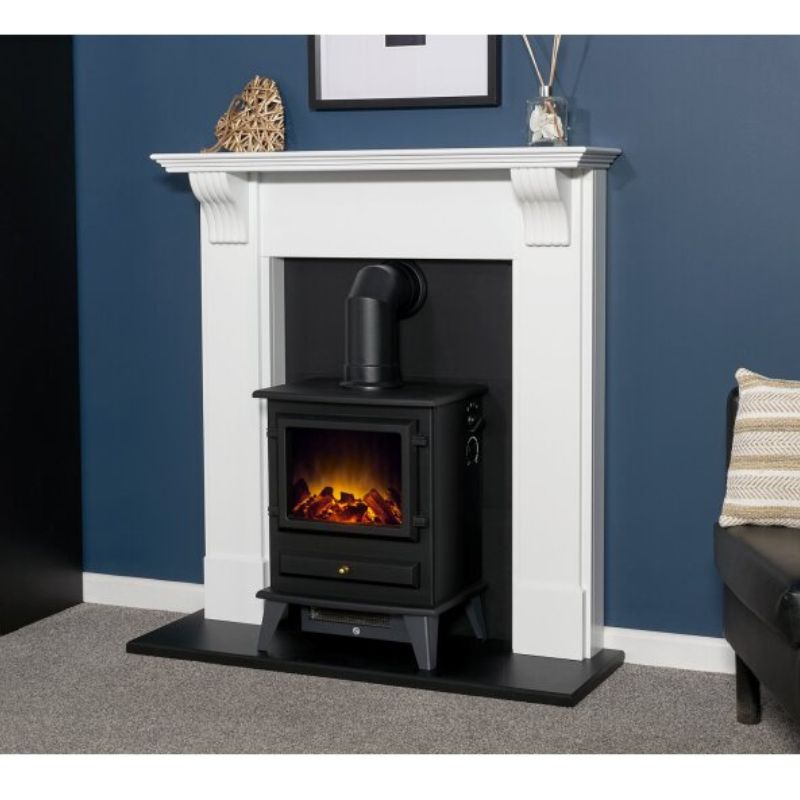 Adam Harrogate Stove Fireplace in Pure White & Black with Hudson Electric Stove in Black, 39 Inch