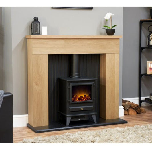 Adam Innsbruck Stove Fireplace in Oak with Hudson Electric Stove in Black, 45 Inch