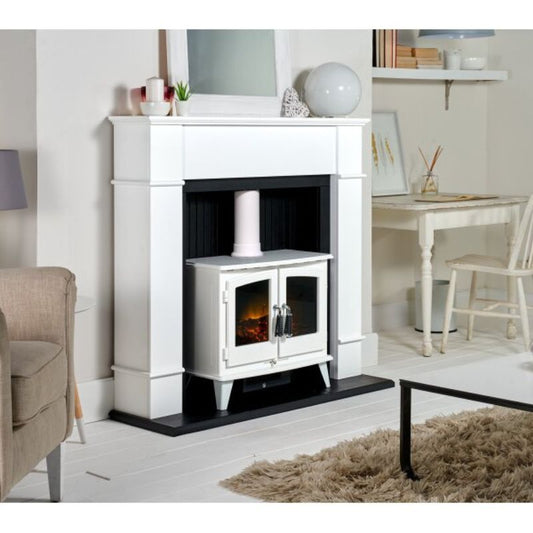 Adam Oxford Stove Fireplace in Pure White with Woodhouse White Electric Stove, 48 Inch