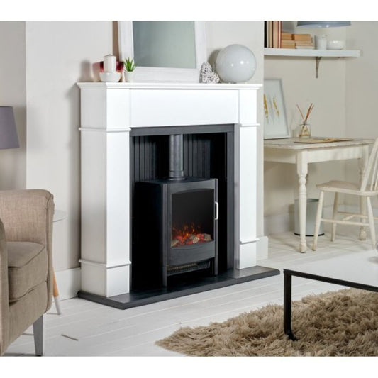 Adam Oxford Stove Suite in Pure White with Sureflame Keston Electric Stove in Black, 48 Inch