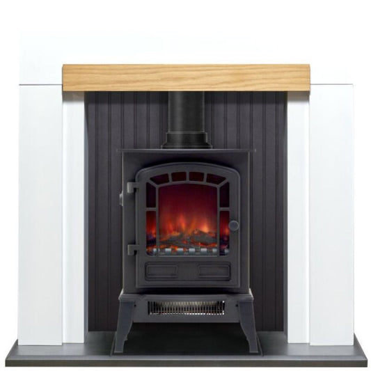 Adam Salzburg in Pure White & Oak with Sureflame Ripon Electric Stove in Black, 39 Inch