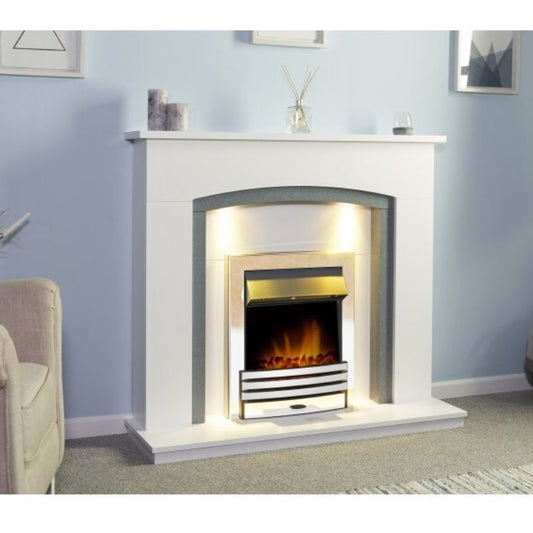 Adam Savanna Fireplace in Pure White & Grey with Downlights & Eclipse Electric Fire in Chrome, 48 Inch