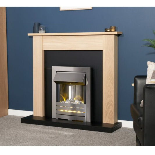 Adam Southwold Fireplace in Oak & Black with Helios Electric Fire in Brushed Steel, 43 Inch