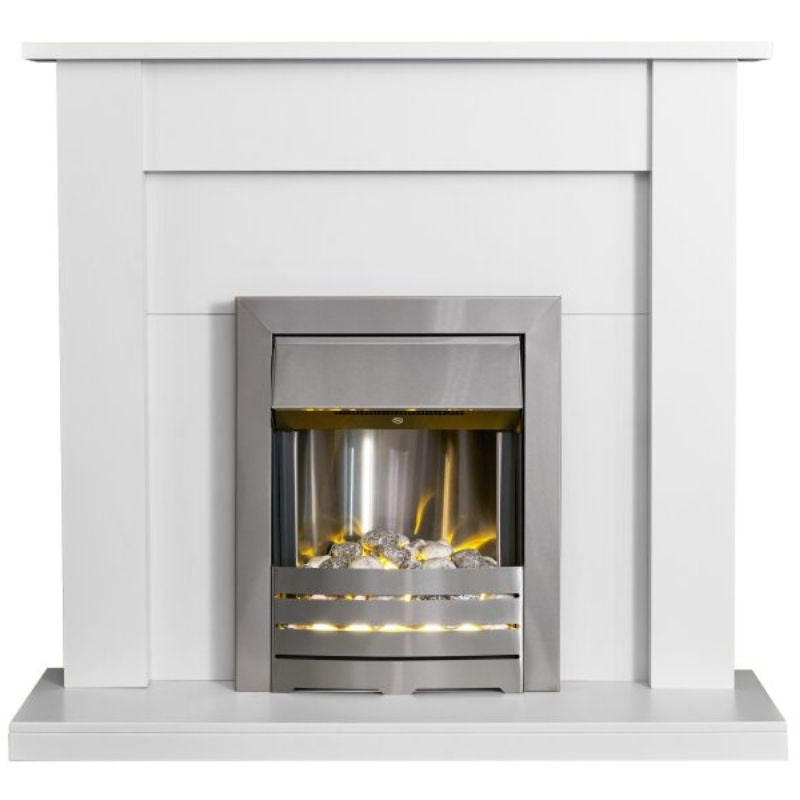 Adam Sutton Fireplace in Pure White with Helios Electric Fire In Brushed Steel, 43 Inch