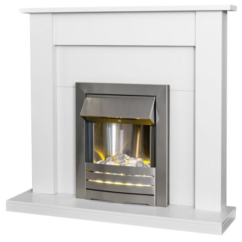 Adam Sutton Fireplace in Pure White with Helios Electric Fire In Brushed Steel, 43 Inch