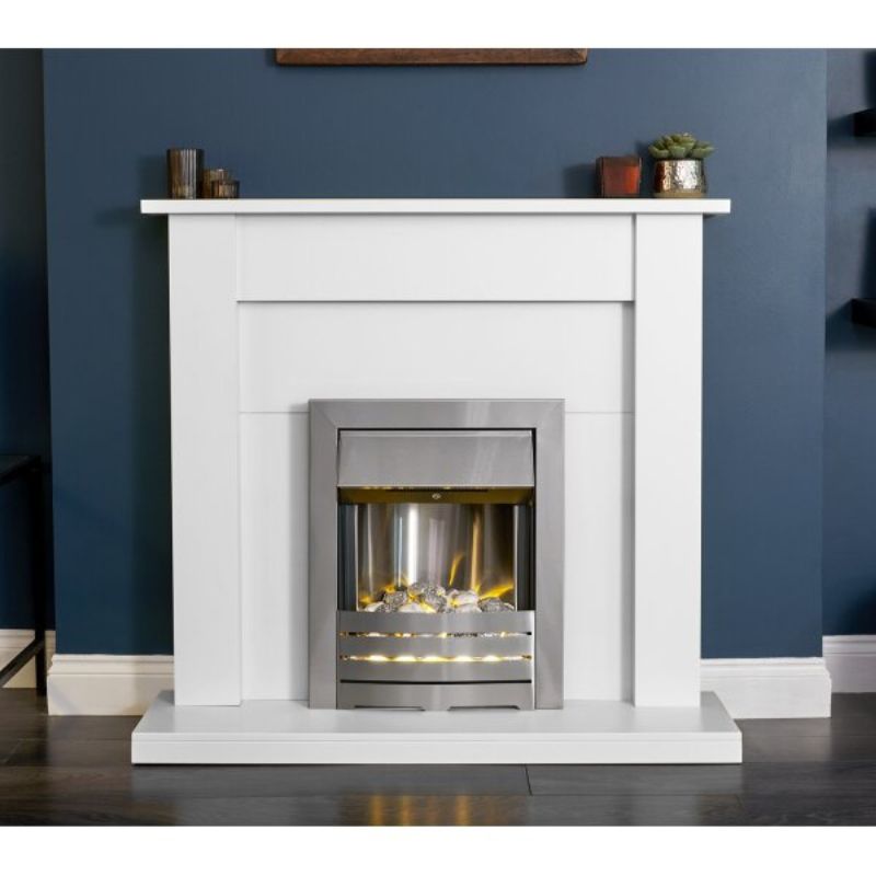 Adam Sutton Fireplace in Pure White with Helios Electric Fire In Brushed Steel, 43 Inch