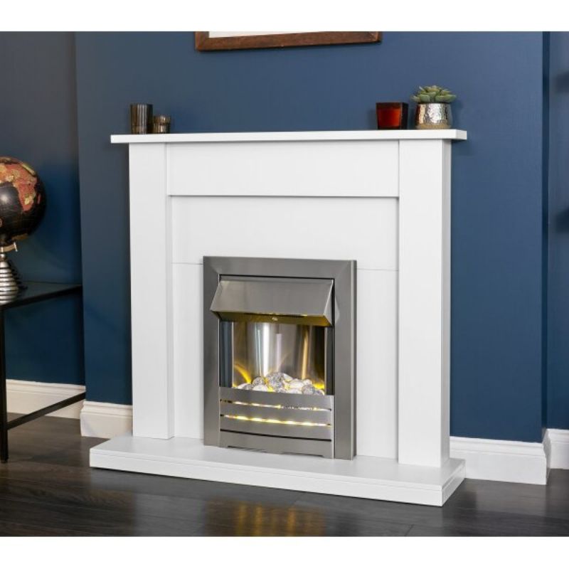 Adam Sutton Fireplace in Pure White with Helios Electric Fire In Brushed Steel, 43 Inch