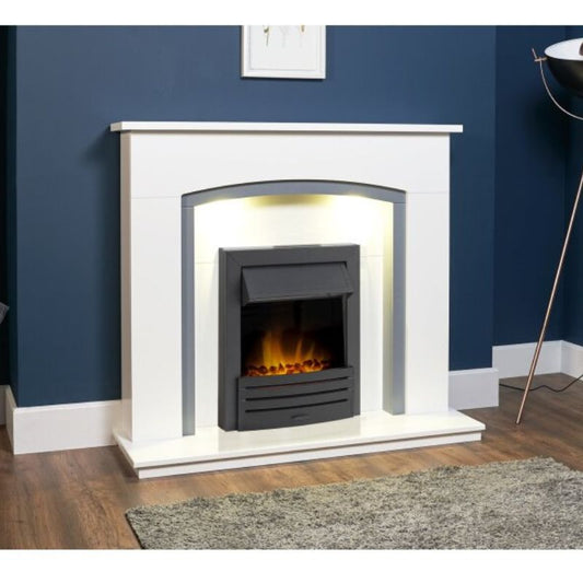 Adam Tuscany Fireplace in Pure White & Grey with Eclipse Electric Fire in Black, 48 Inch