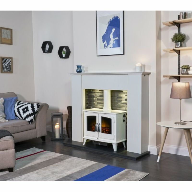 Adam Woodhouse Electric Stove in Pure White with Straight Stove Pipe in Pure White