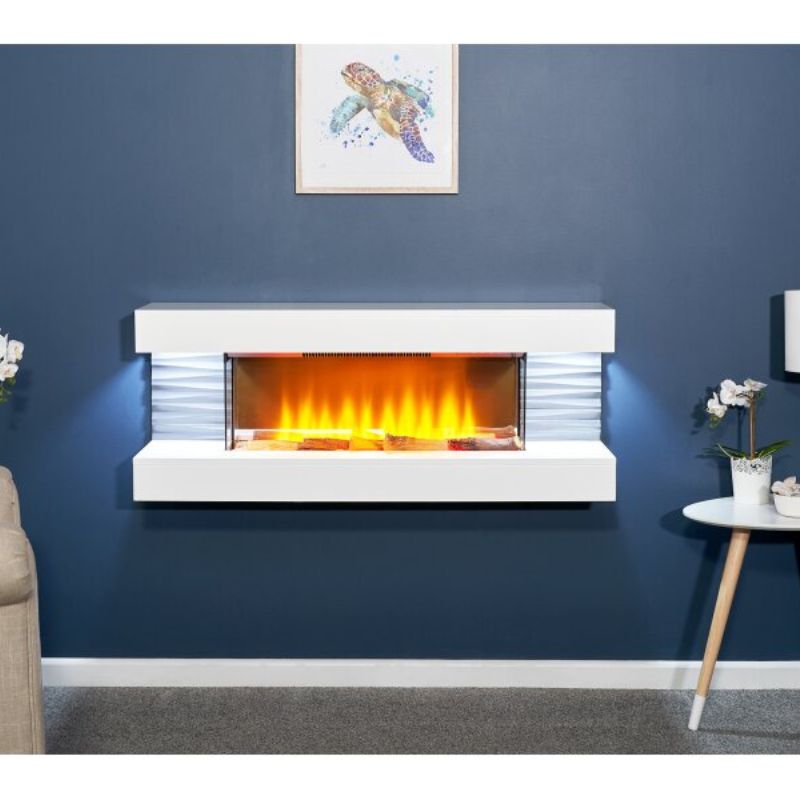 Sureflame WM-9332 Electric Wall Fireplace Suite with Downlights & Remote in Pure White